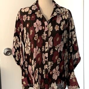 Apt 9 Black Gauzy Blouse With Pink & Mauve Flowers